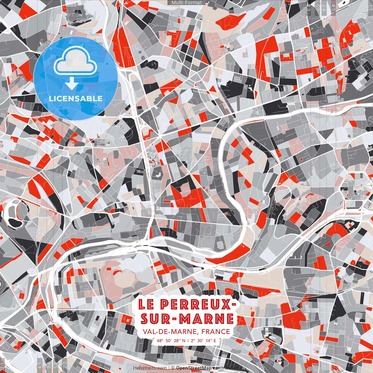 Le Perreux-sur-Marne, Val-de-Marne, France - modern street map poster template with gray and red tones