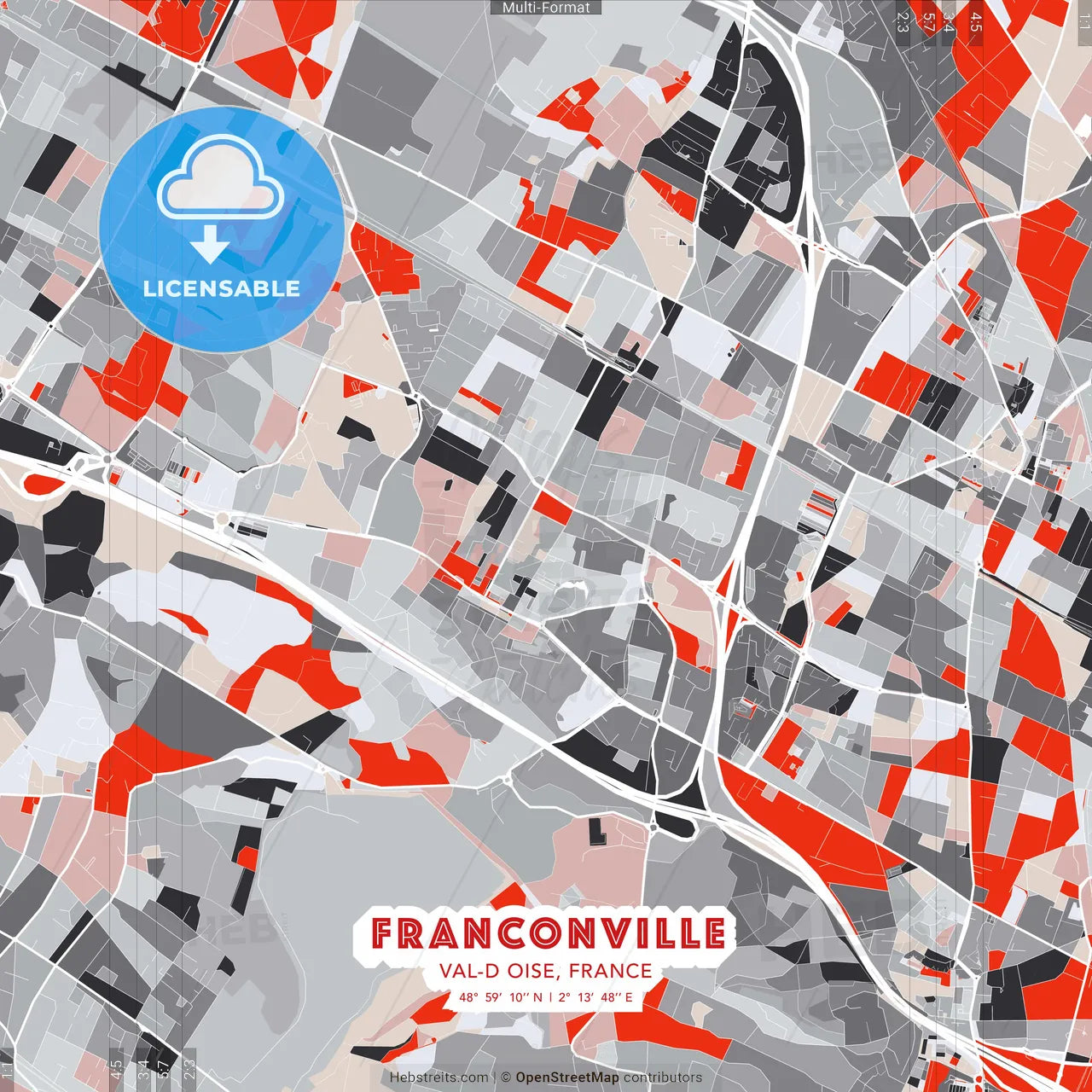 Franconville, Val-d Oise, France - modern street map poster template with gray and red tones