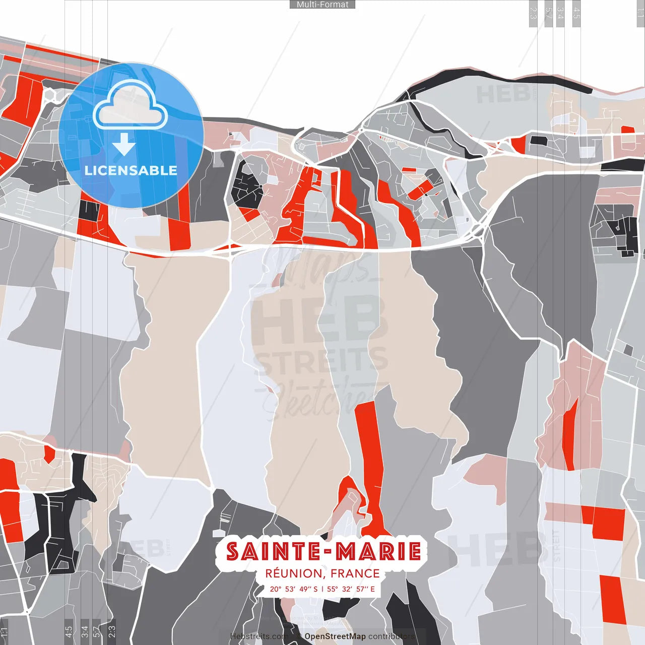 Sainte-Marie, Réunion, France - modern street map poster template with gray and red tones