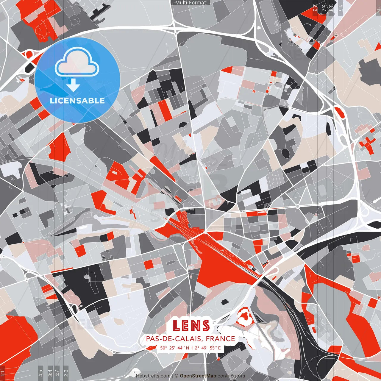 Lens, Pas-de-Calais, France - modern street map poster template with gray and red tones