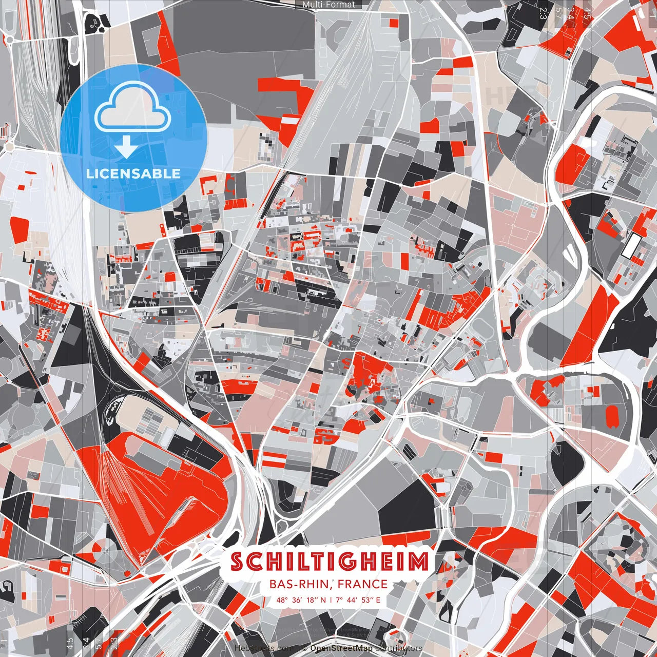 Schiltigheim, Bas-Rhin, France - modern street map poster template with gray and red tones