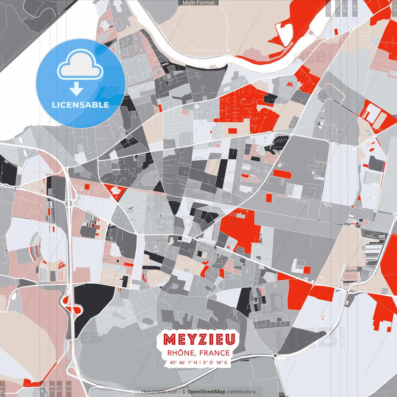 Meyzieu, Rhône, France - modern street map poster template with gray and red tones