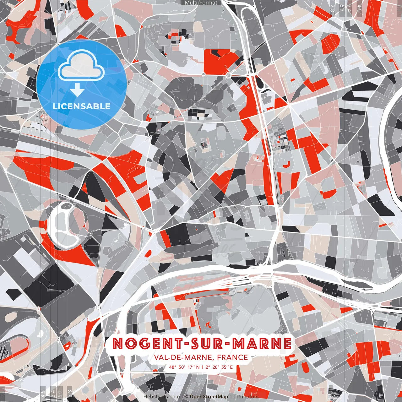 Nogent-sur-Marne, Val-de-Marne, France - modern street map poster template with gray and red tones