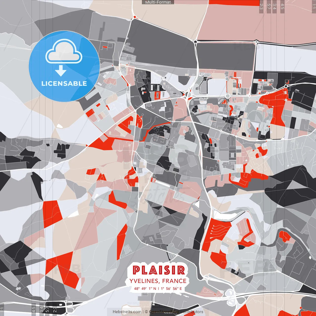 Plaisir, Yvelines, France - modern street map poster template with gray and red tones