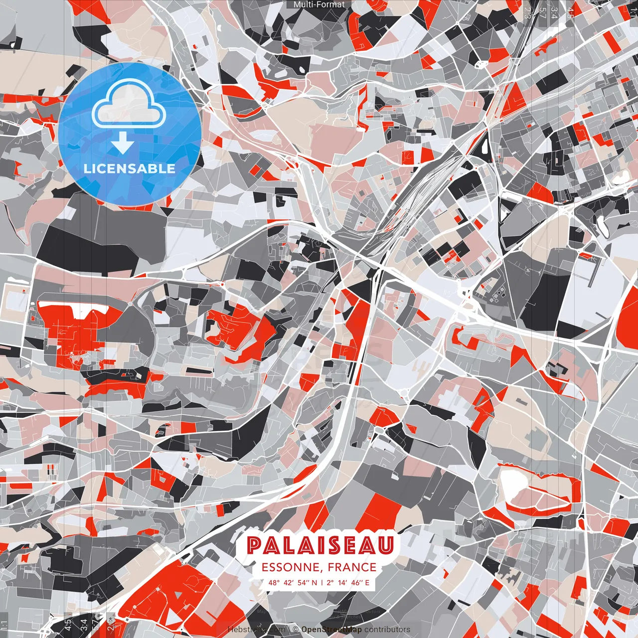 Palaiseau, Essonne, France - modern street map poster template with gray and red tones