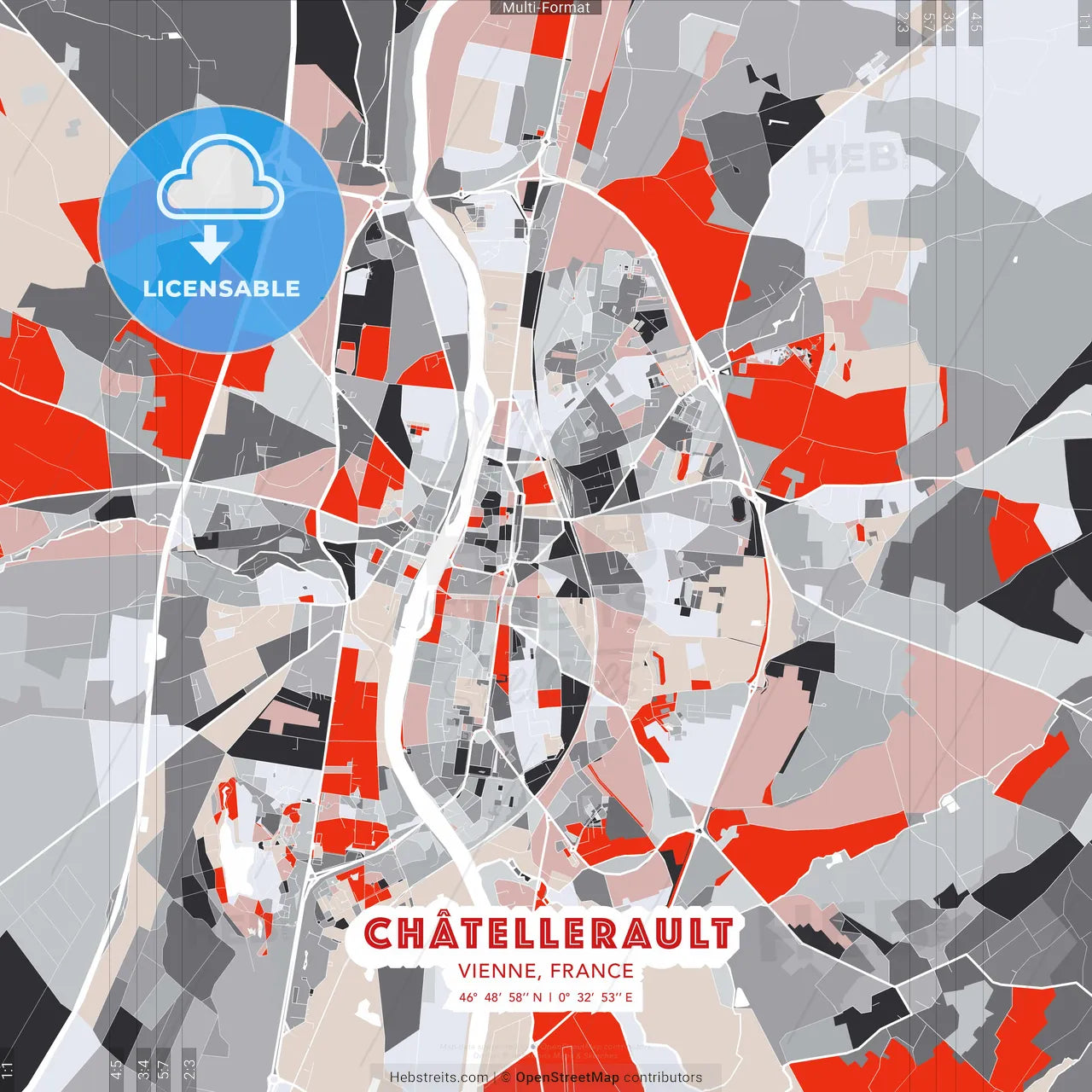 Châtellerault, Vienne, France - modern street map poster template with gray and red tones