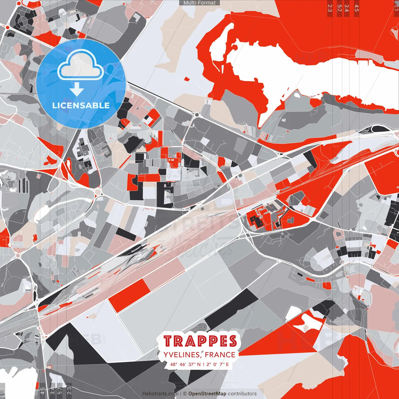 Trappes, Yvelines, France - modern street map poster template with gray and red tones