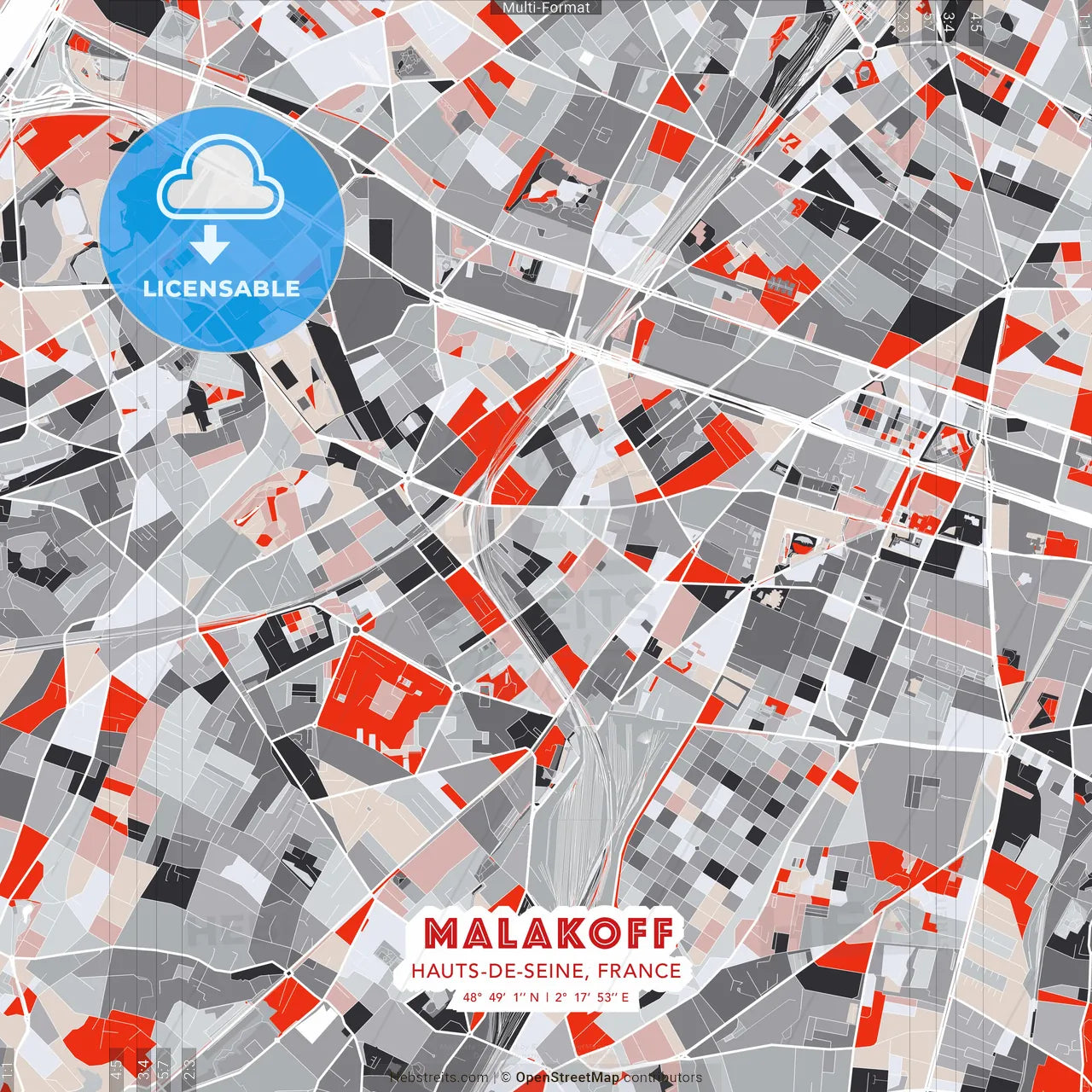Malakoff, Hauts-de-Seine, France - modern street map poster template with gray and red tones
