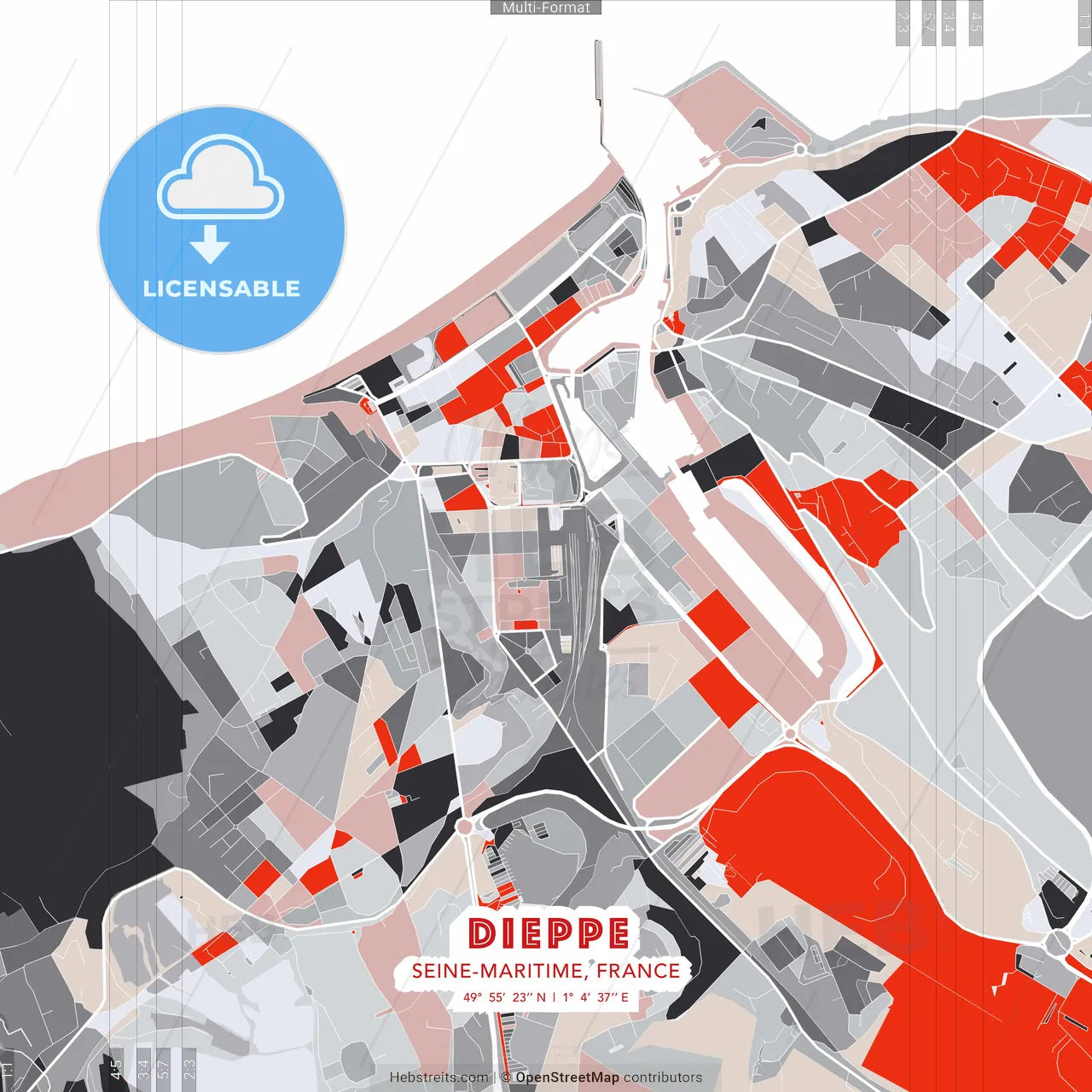 Dieppe, Seine-Maritime, France - modern street map poster template with gray and red tones