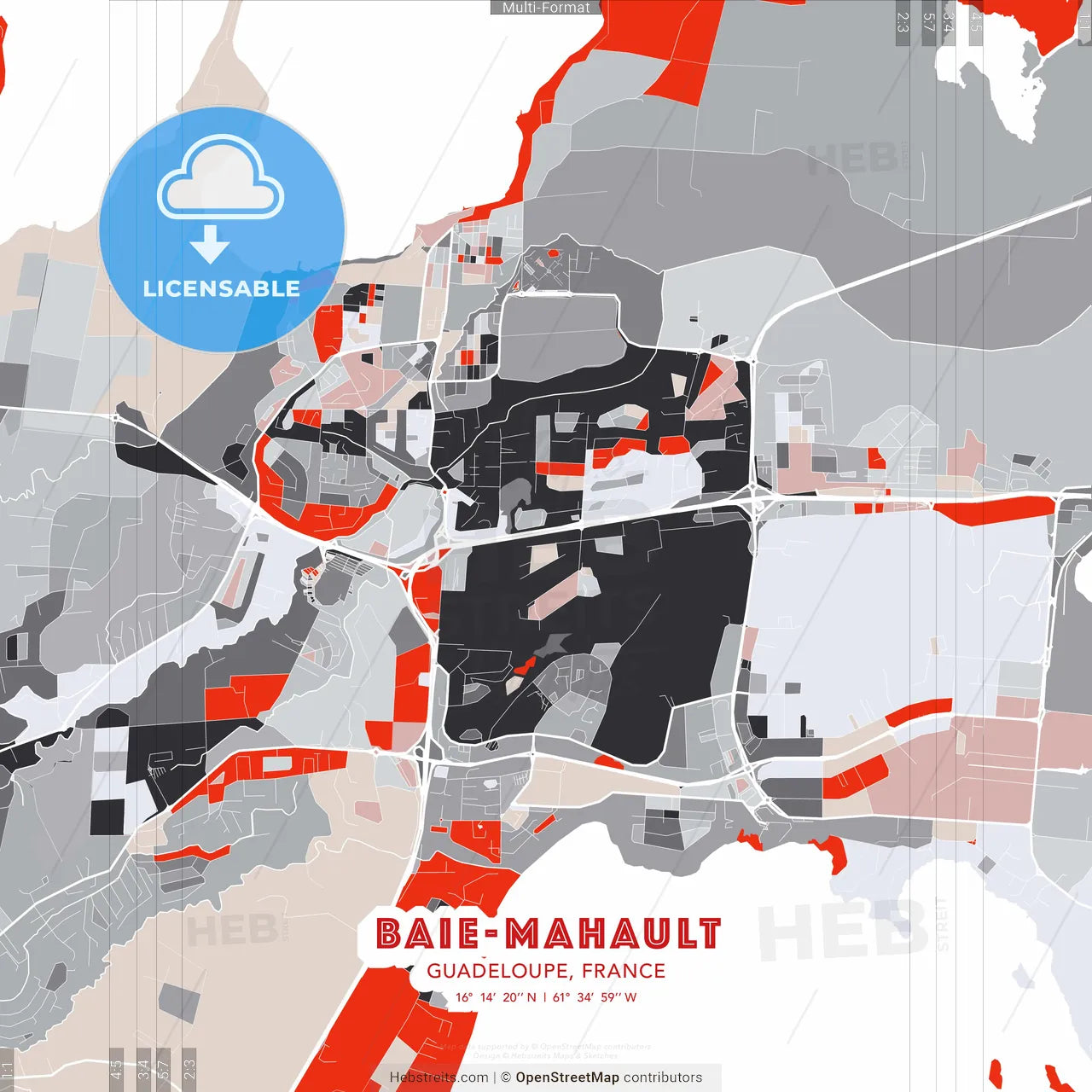 Baie-Mahault, Guadeloupe, France - modern street map poster template with gray and red tones
