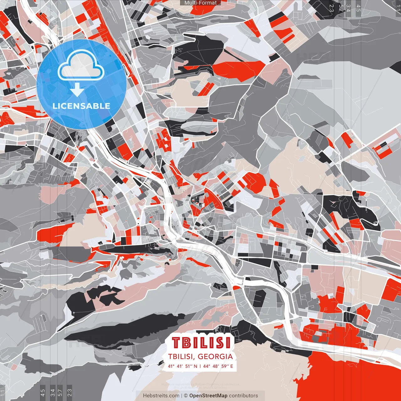 Tbilisi, Tbilisi, Georgia - modern street map poster template with gray and red tones