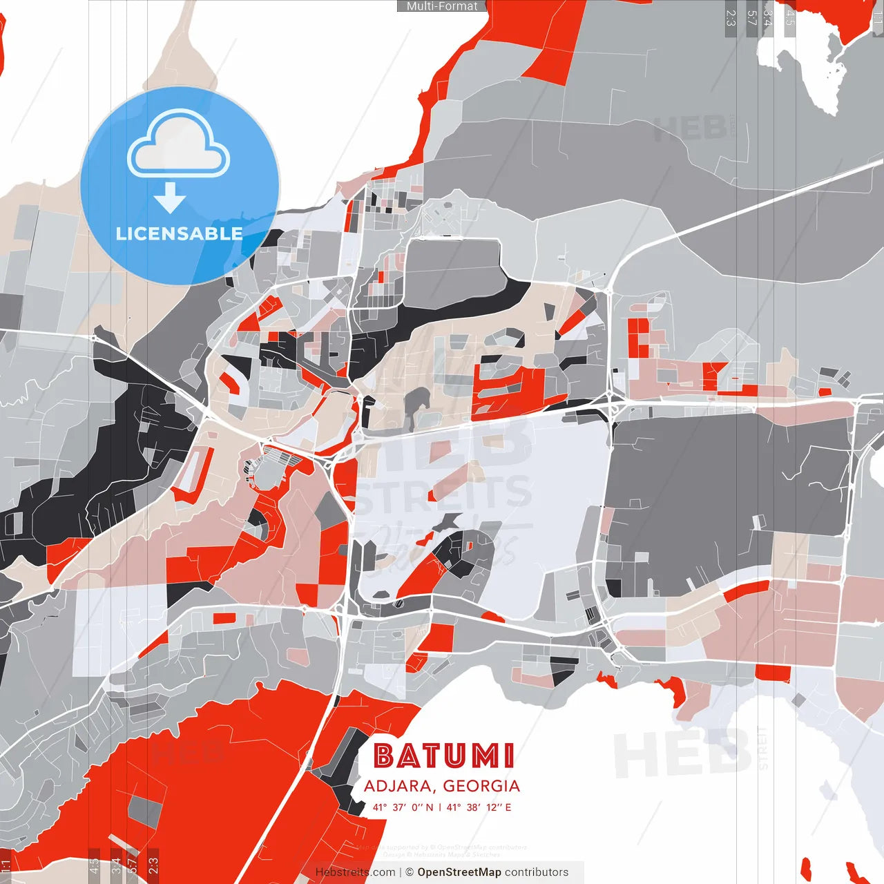 Batumi, Adjara, Georgia - modern street map poster template with gray and red tones