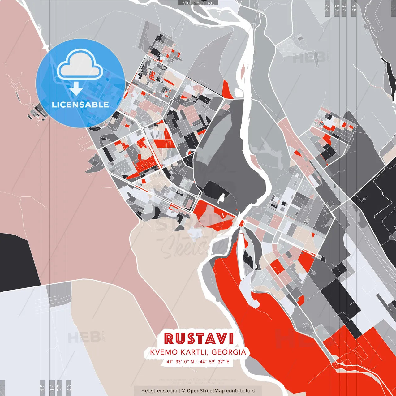 Rustavi, Kvemo Kartli, Georgia - modern street map poster template with gray and red tones