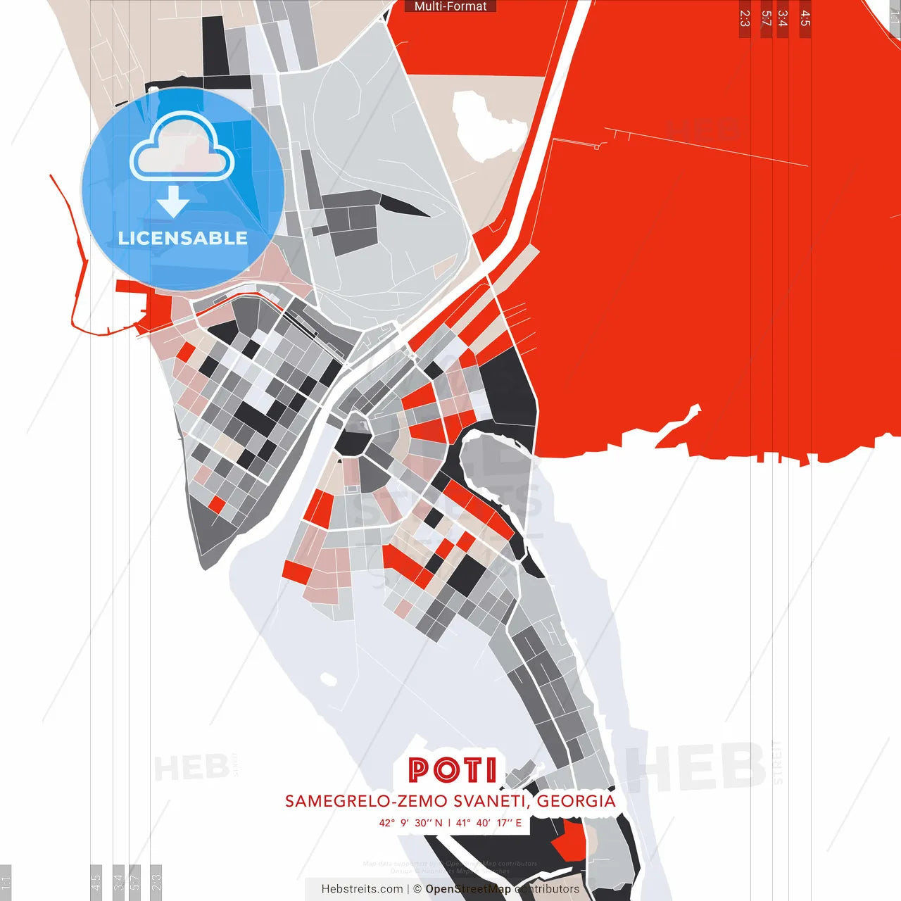 Poti, Samegrelo-Zemo Svaneti, Georgia - modern street map poster template with gray and red tones
