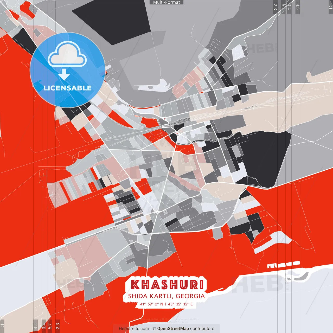 Khashuri, Shida Kartli, Georgia - modern street map poster template with gray and red tones