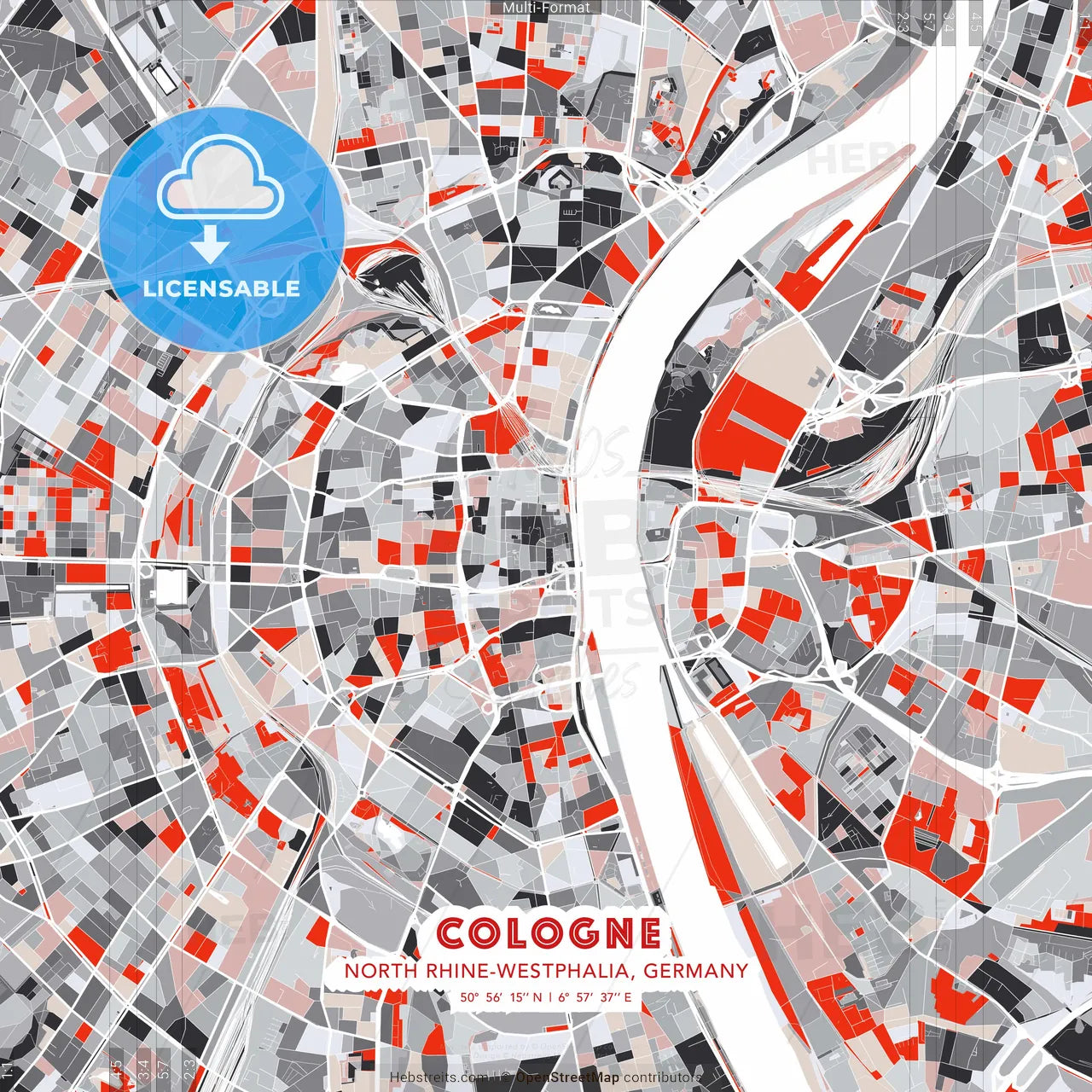 Cologne, North Rhine-Westphalia, Germany - modern street map poster template with gray and red tones