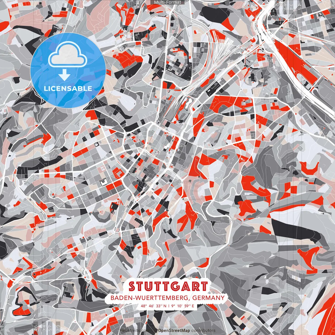 Stuttgart, Baden-Wuerttemberg, Germany - modern street map poster template with gray and red tones