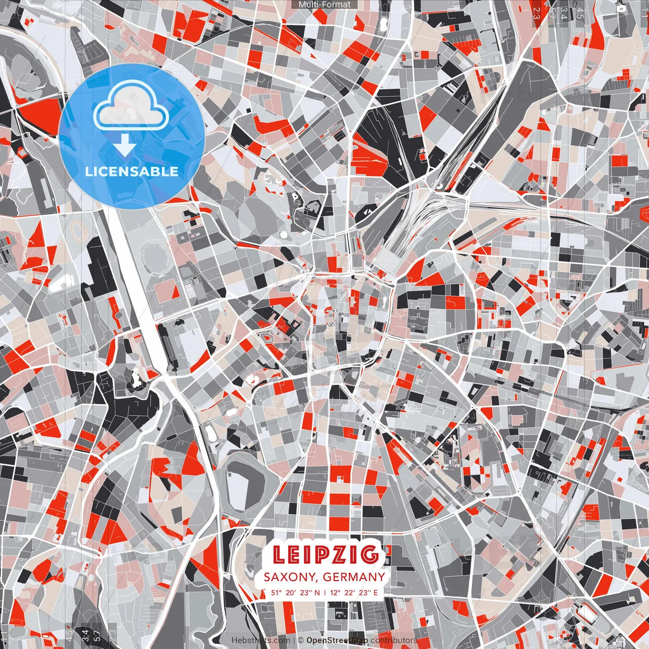 Leipzig, Saxony, Germany - modern street map poster template with gray and red tones
