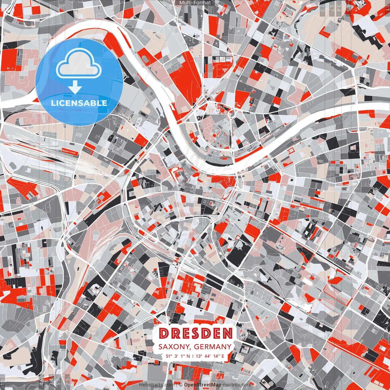 Dresden, Saxony, Germany - modern street map poster template with gray and red tones