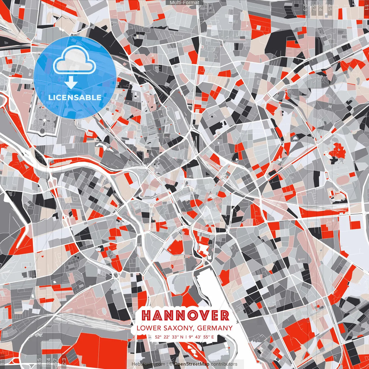 Hannover, Lower Saxony, Germany - modern street map poster template with gray and red tones