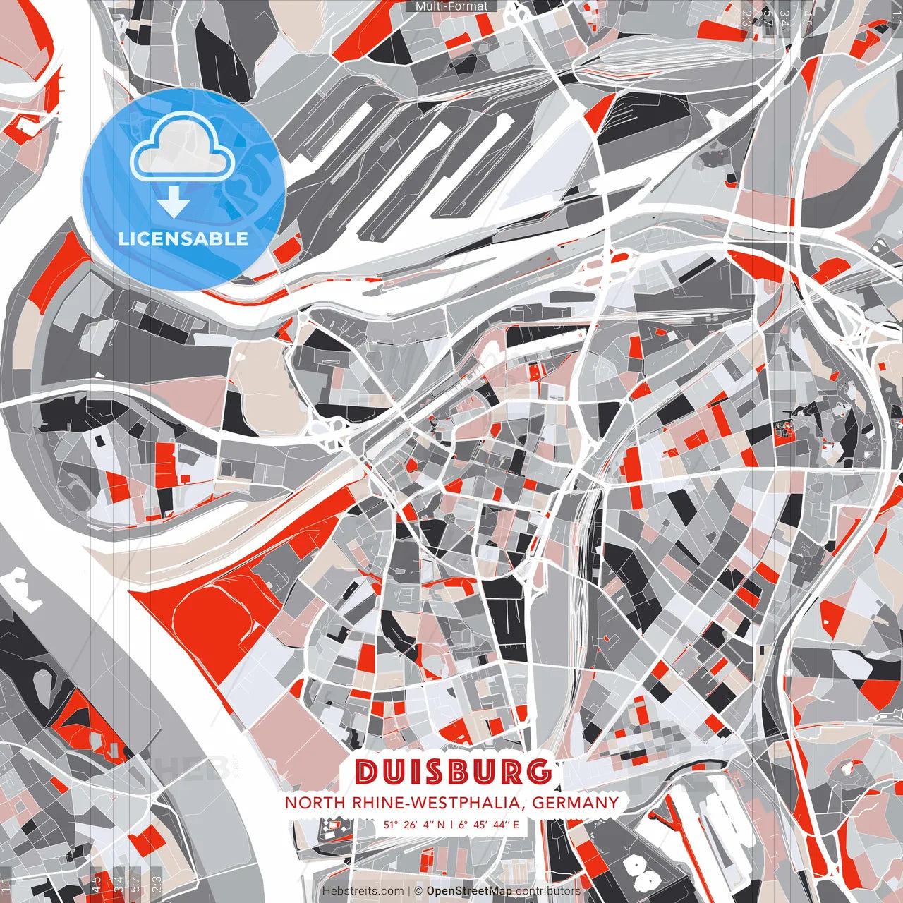 Duisburg, North Rhine-Westphalia, Germany - modern street map poster template with gray and red tones