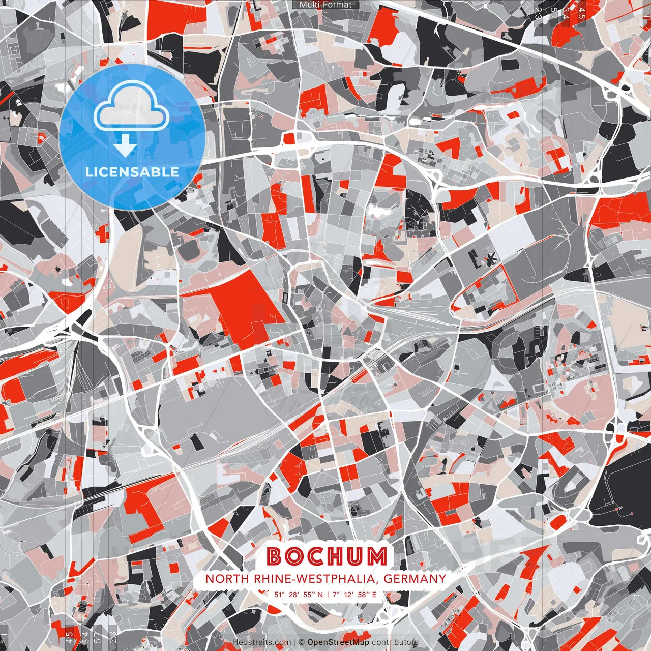 Bochum, North Rhine-Westphalia, Germany - modern street map poster template with gray and red tones