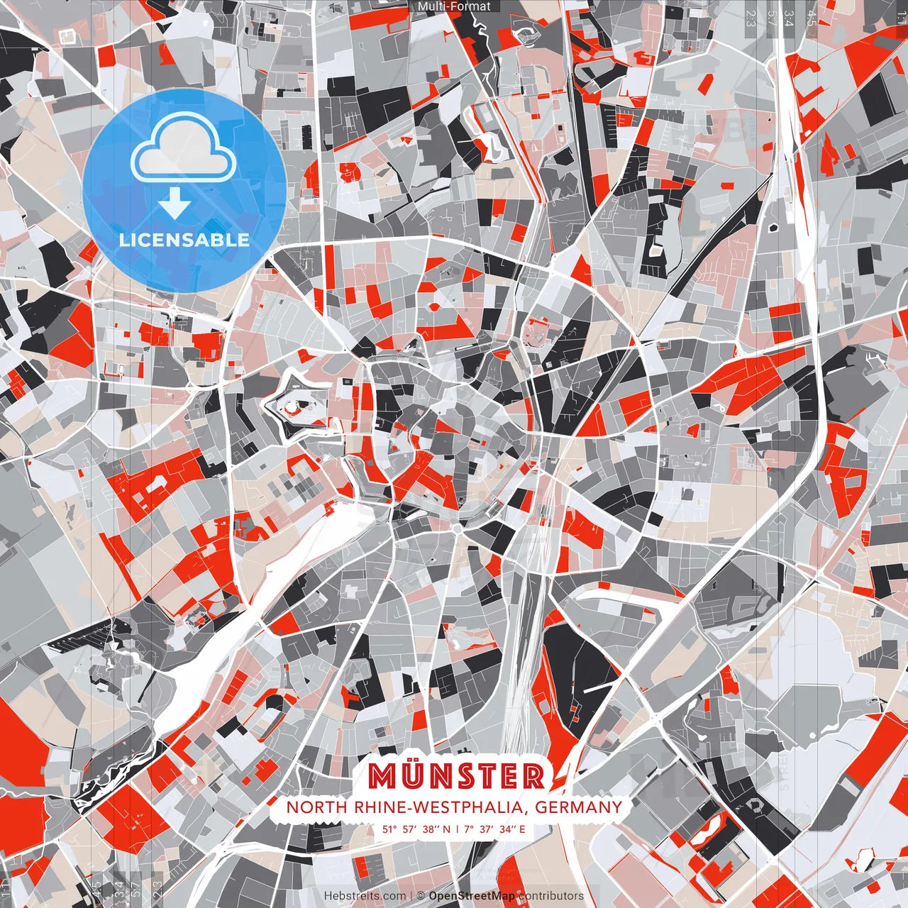 Münster, North Rhine-Westphalia, Germany - modern street map poster template with gray and red tones