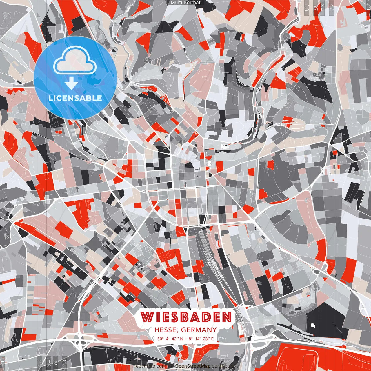 Wiesbaden, Hesse, Germany - modern street map poster template with gray and red tones