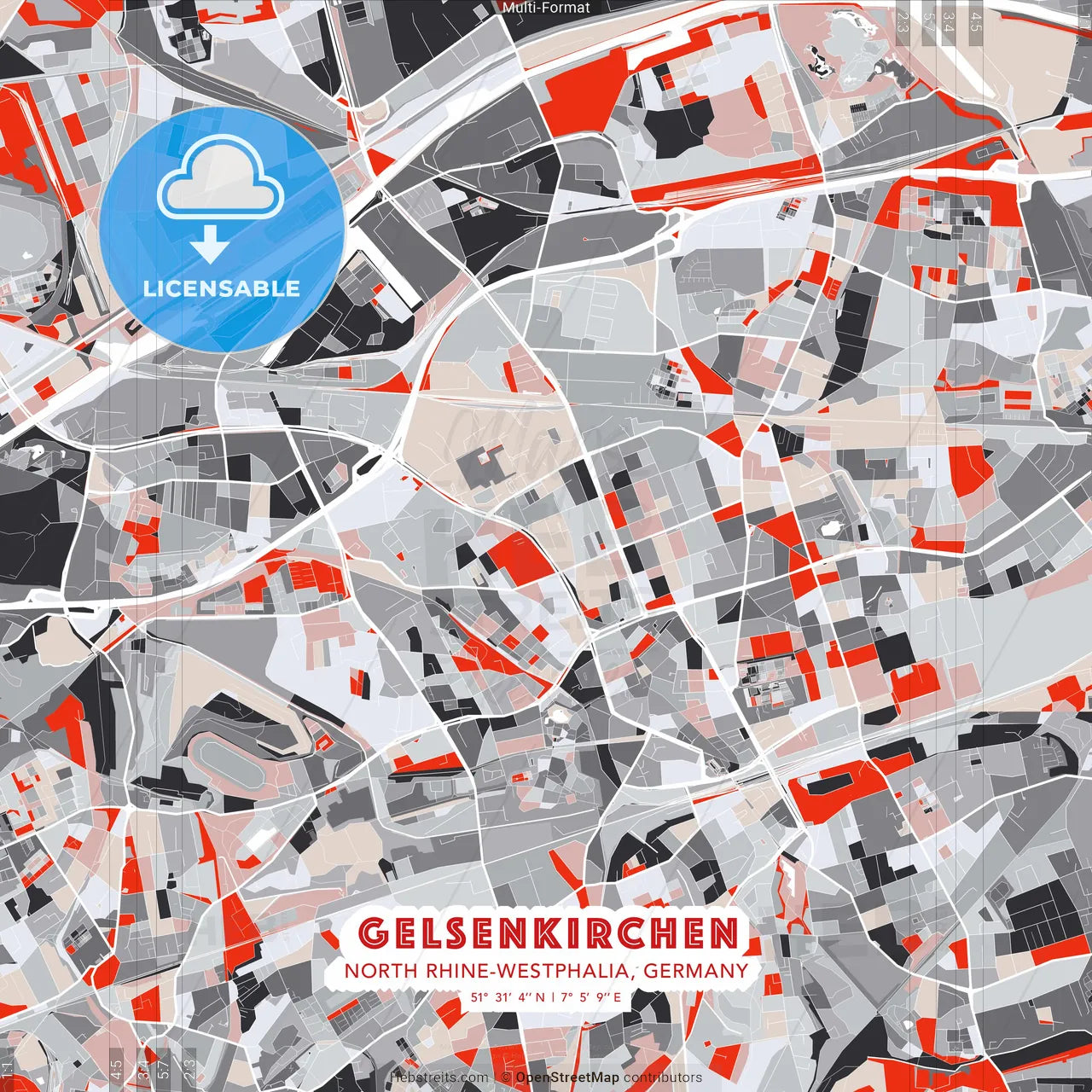 Gelsenkirchen, North Rhine-Westphalia, Germany - modern street map poster template with gray and red tones