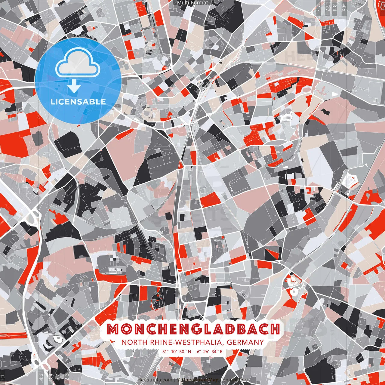 Monchengladbach, North Rhine-Westphalia, Germany - modern street map poster template with gray and red tones