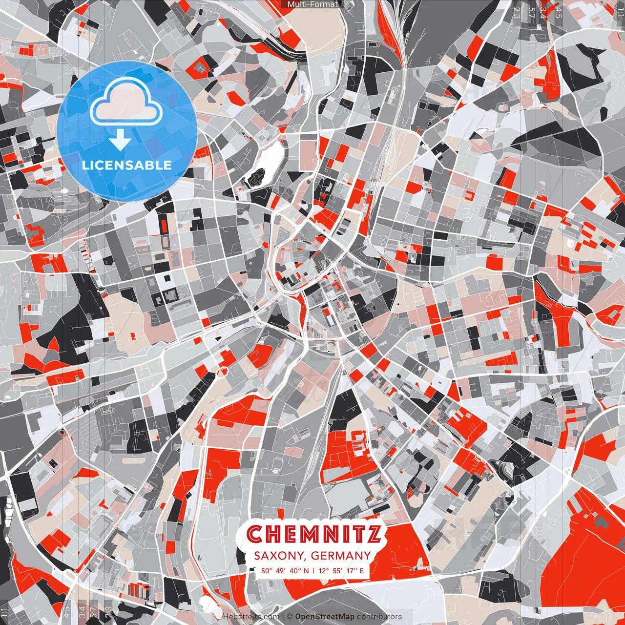 Chemnitz, Saxony, Germany - modern street map poster template with gray and red tones