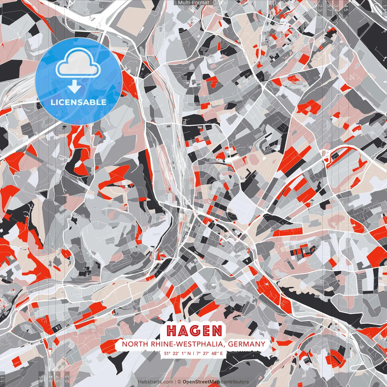 Hagen, North Rhine-Westphalia, Germany - modern street map poster template with gray and red tones