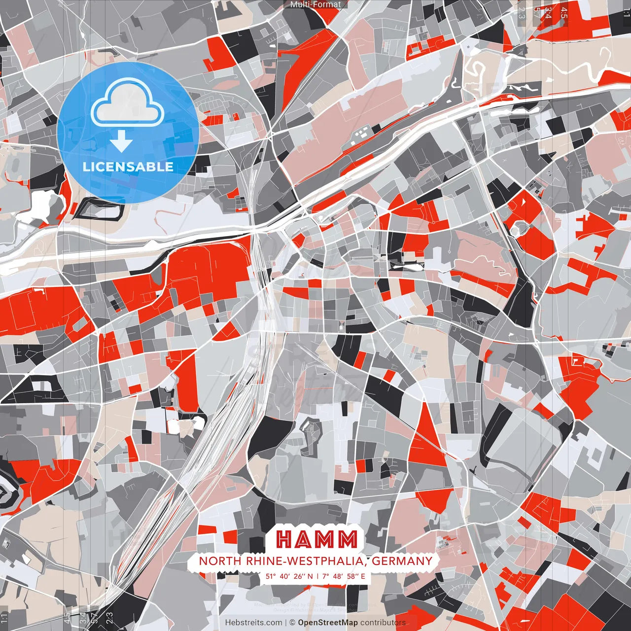 Hamm, North Rhine-Westphalia, Germany - modern street map poster template with gray and red tones