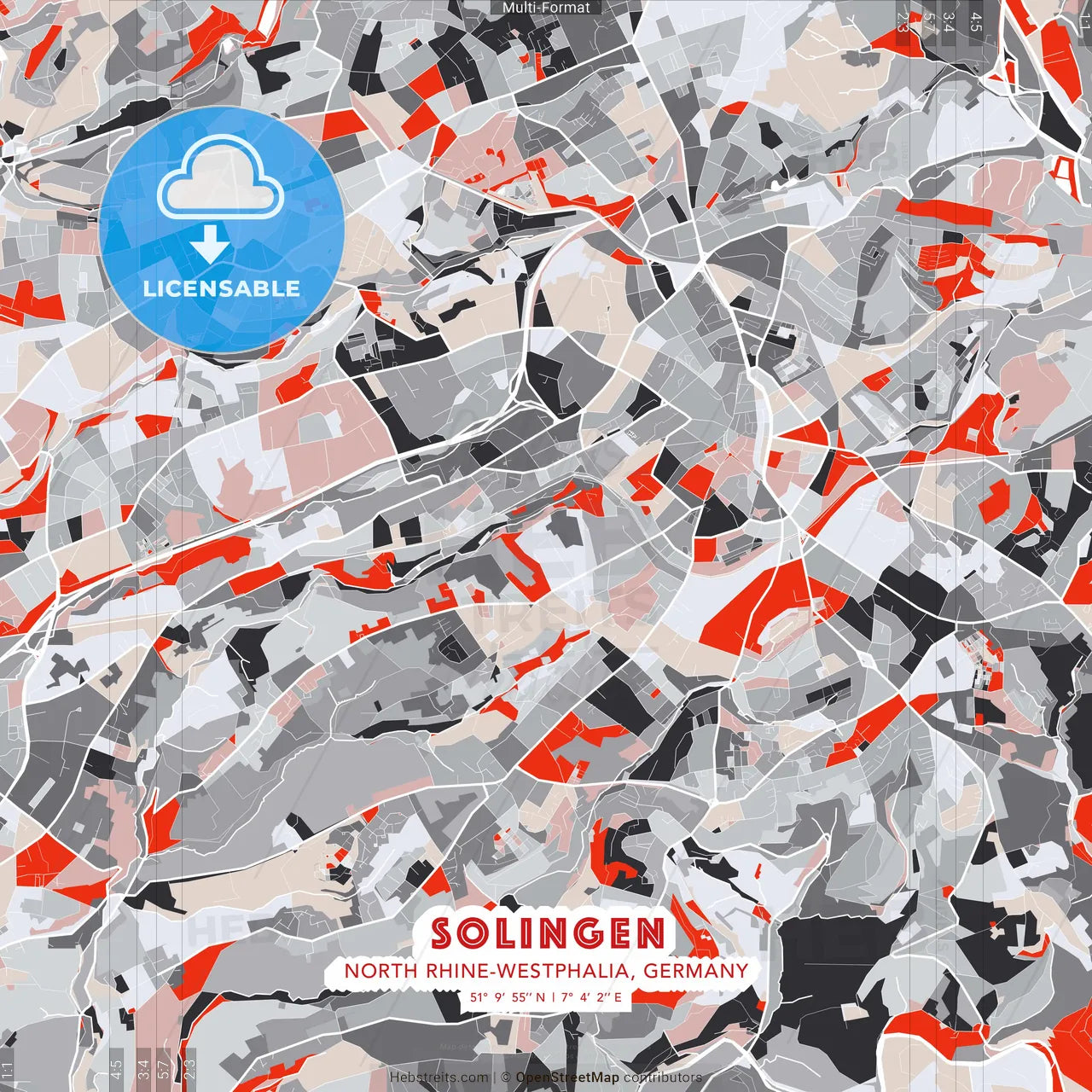 Solingen, North Rhine-Westphalia, Germany - modern street map poster template with gray and red tones