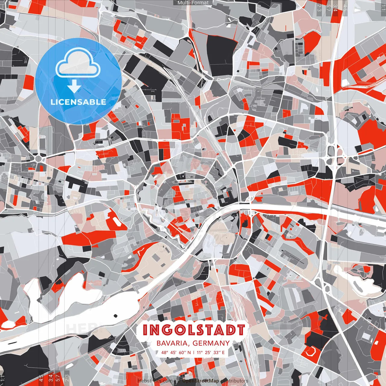 Ingolstadt, Bavaria, Germany - modern street map poster template with gray and red tones