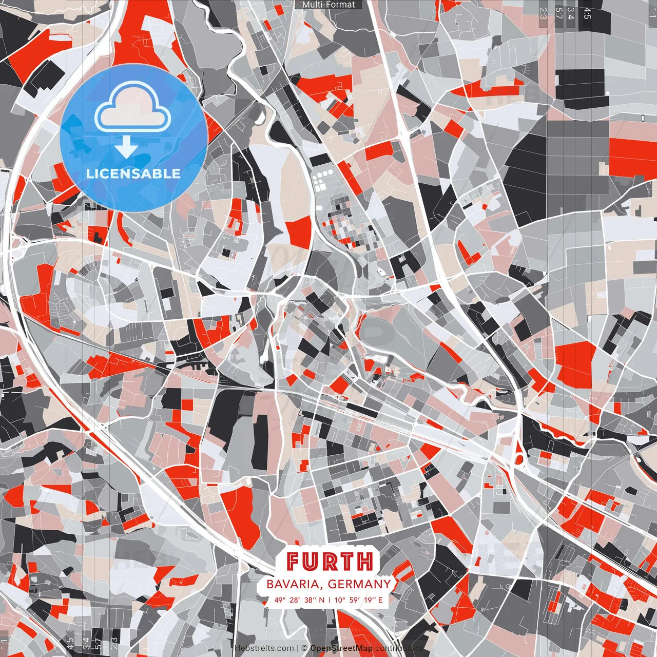Furth, Bavaria, Germany - modern street map poster template with gray and red tones