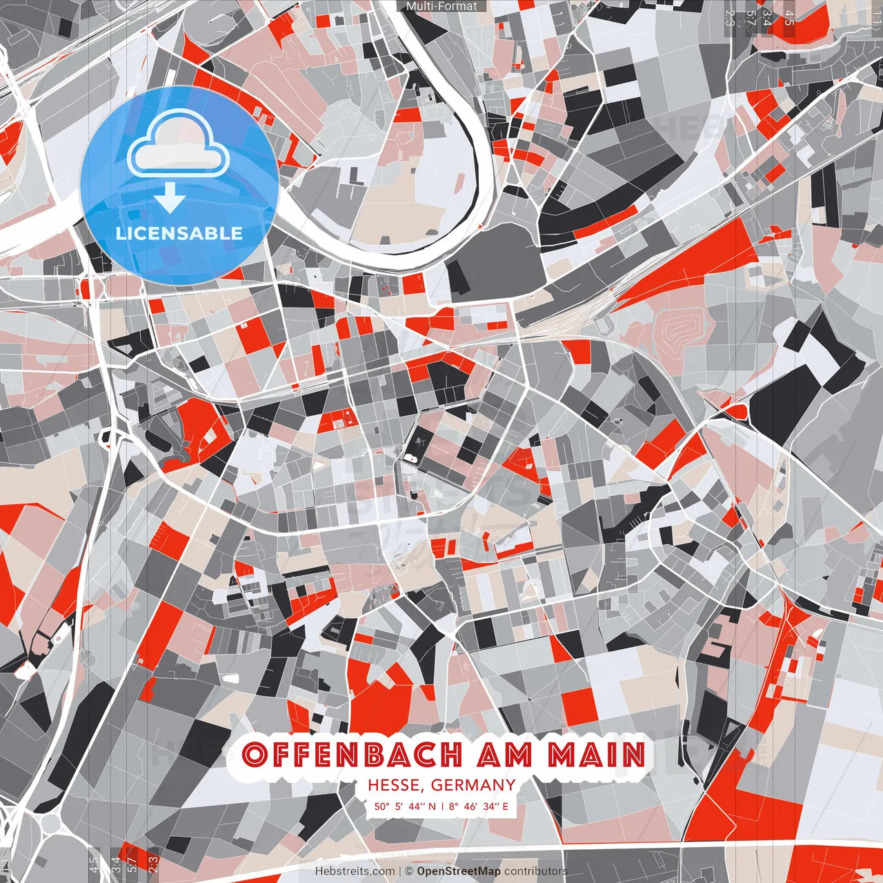 Offenbach am Main, Hesse, Germany - modern street map poster template with gray and red tones
