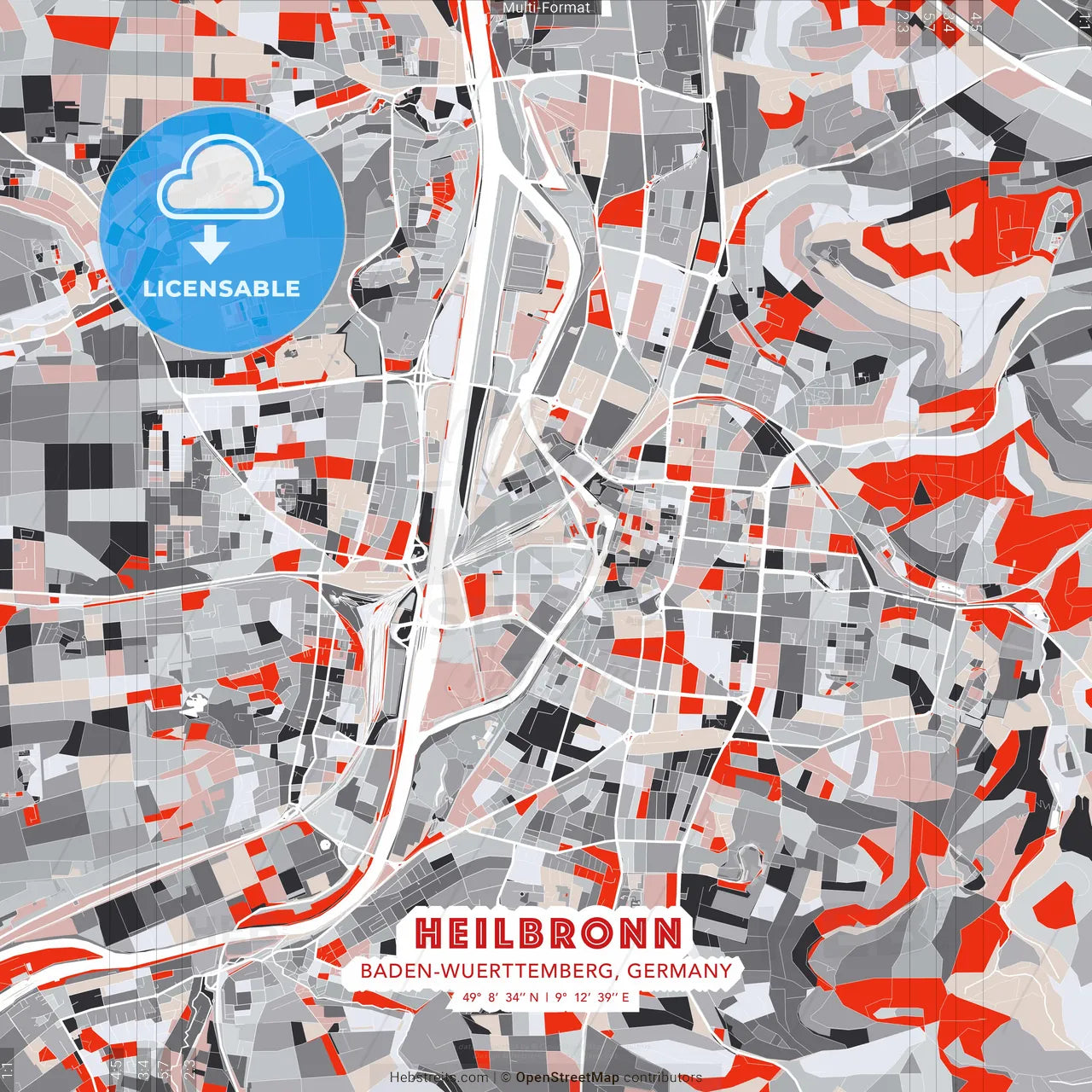 Heilbronn, Baden-Wuerttemberg, Germany - modern street map poster template with gray and red tones