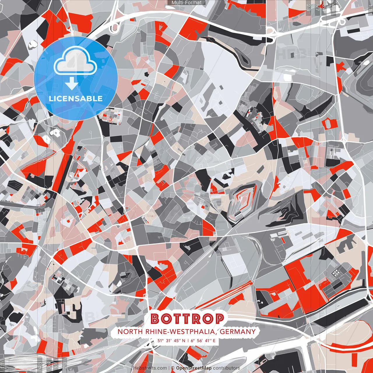 Bottrop, North Rhine-Westphalia, Germany - modern street map poster template with gray and red tones