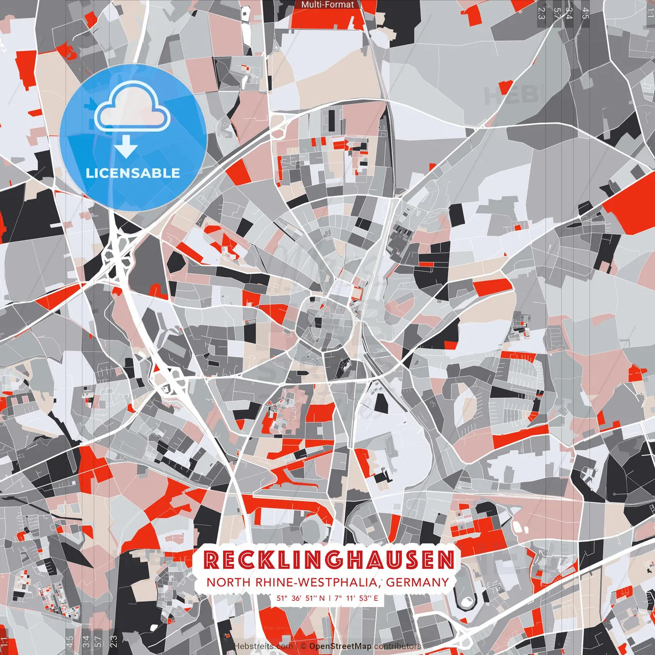 Recklinghausen, North Rhine-Westphalia, Germany - modern street map poster template with gray and red tones