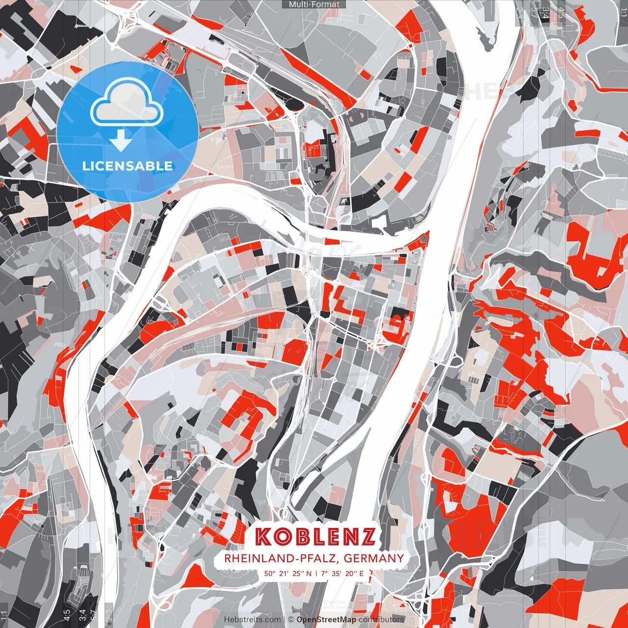 Koblenz, Rheinland-Pfalz, Germany - modern street map poster template with gray and red tones