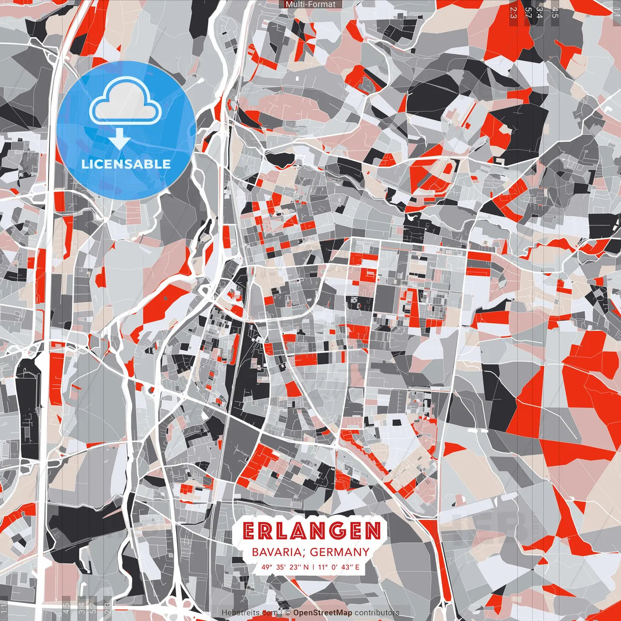 Erlangen, Bavaria, Germany - modern street map poster template with gray and red tones