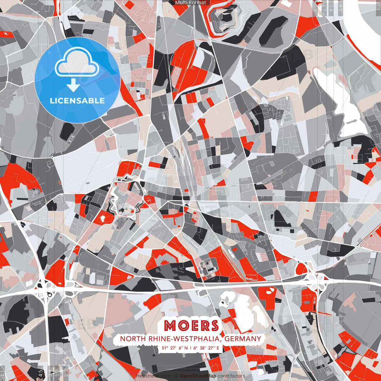 Moers, North Rhine-Westphalia, Germany - modern street map poster template with gray and red tones