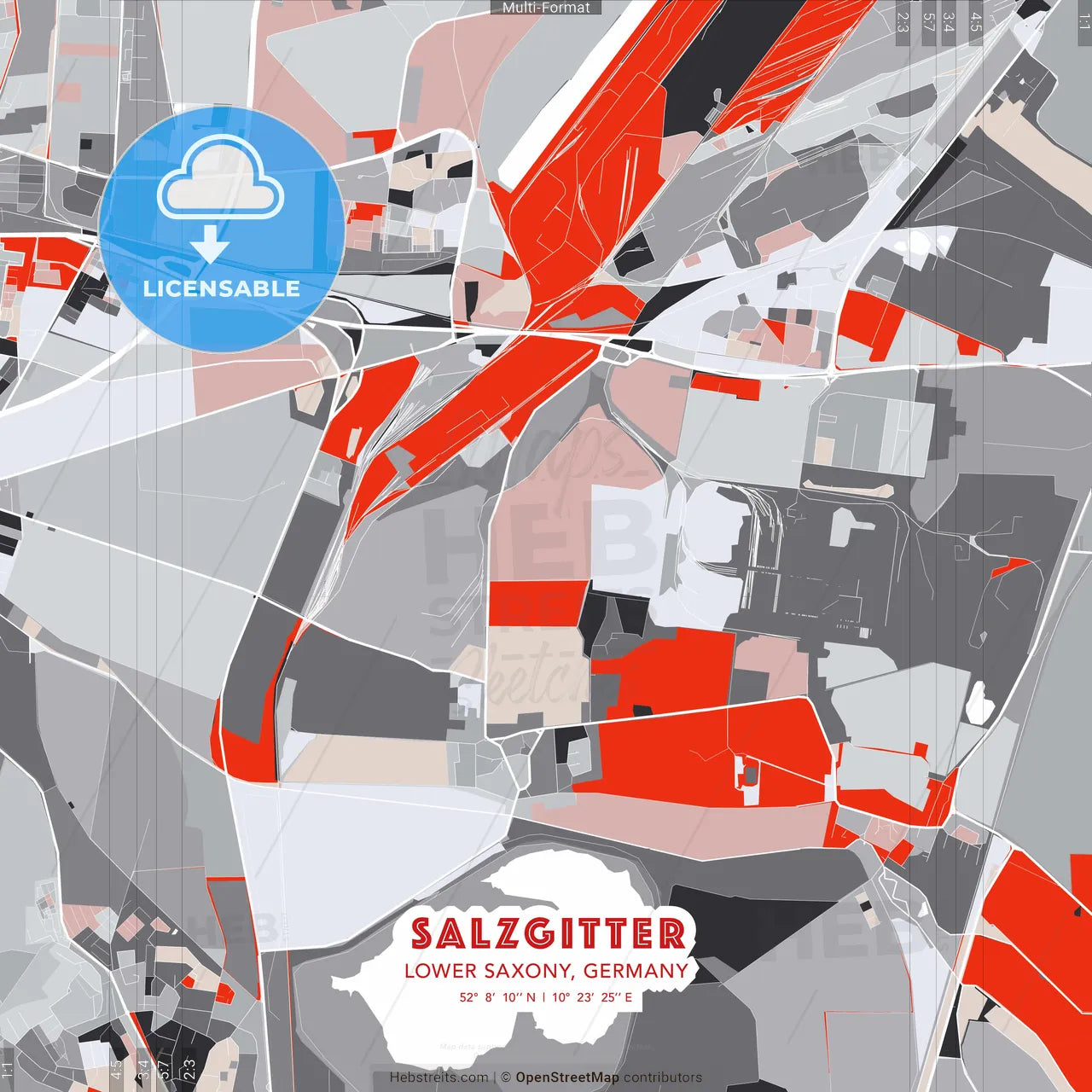 Salzgitter, Lower Saxony, Germany - modern street map poster template with gray and red tones