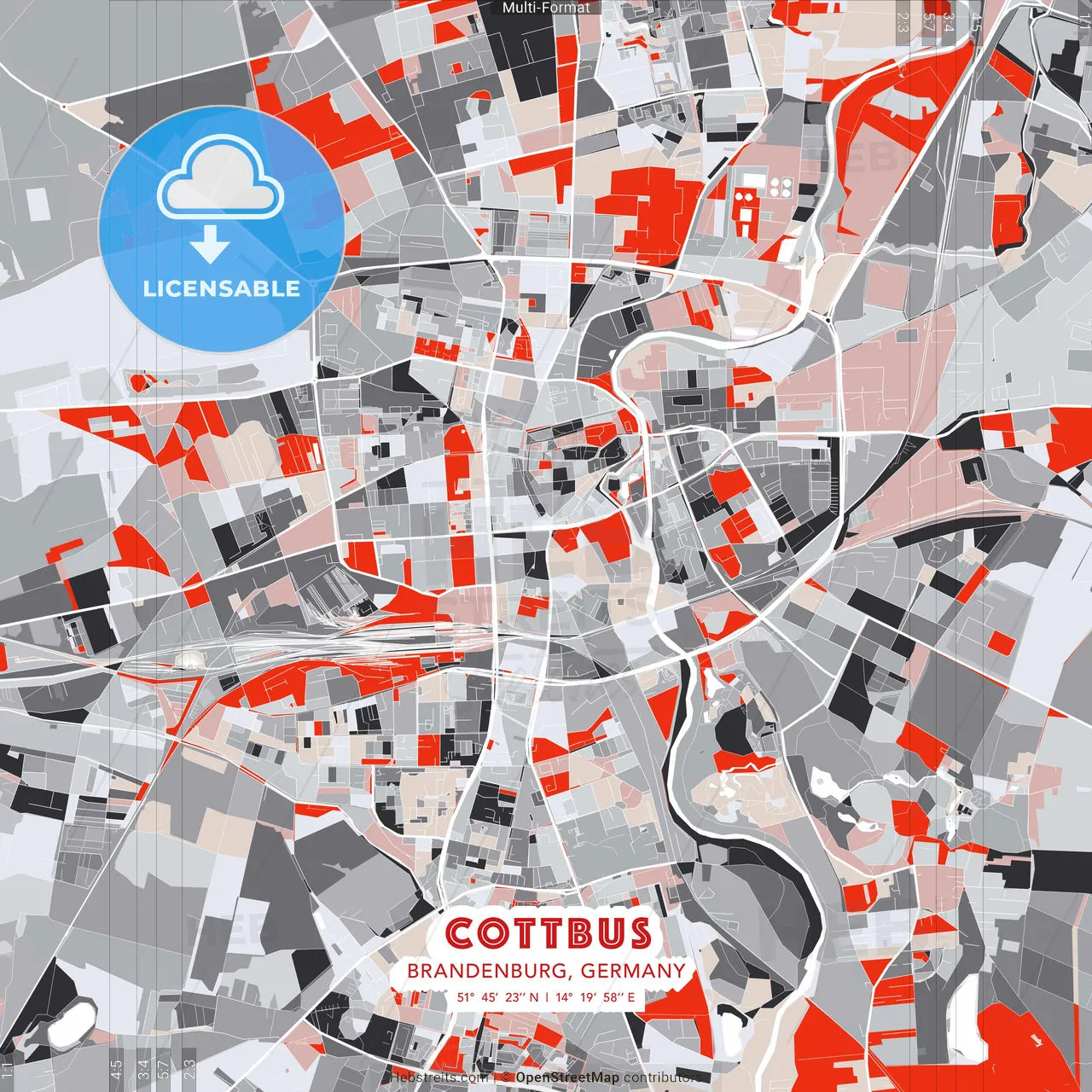 Cottbus, Brandenburg, Germany - modern street map poster template with gray and red tones
