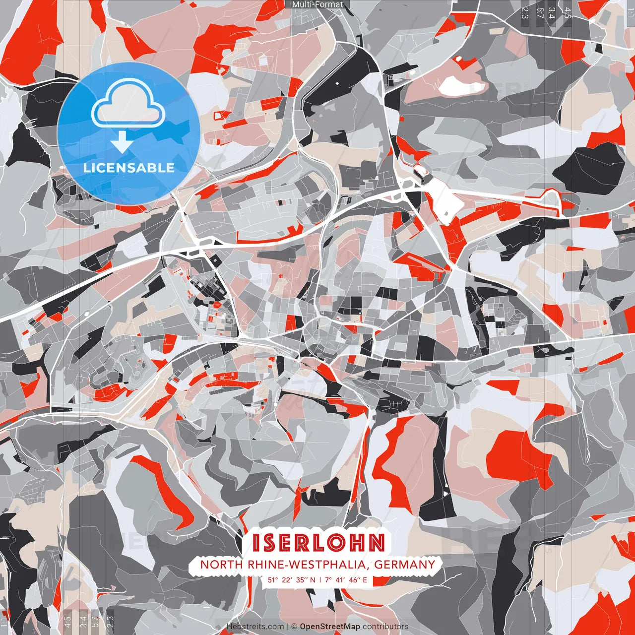 Iserlohn, North Rhine-Westphalia, Germany - modern street map poster template with gray and red tones