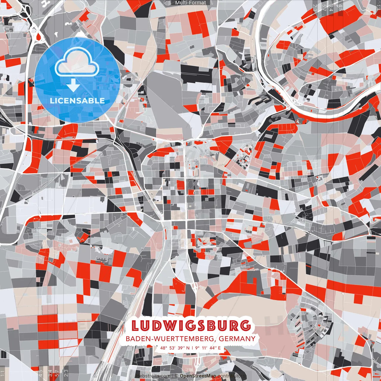 Ludwigsburg, Baden-Wuerttemberg, Germany - modern street map poster template with gray and red tones