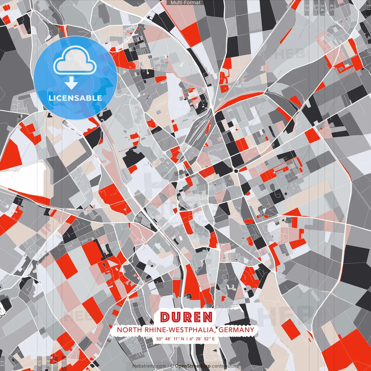 Duren, North Rhine-Westphalia, Germany - modern street map poster template with gray and red tones