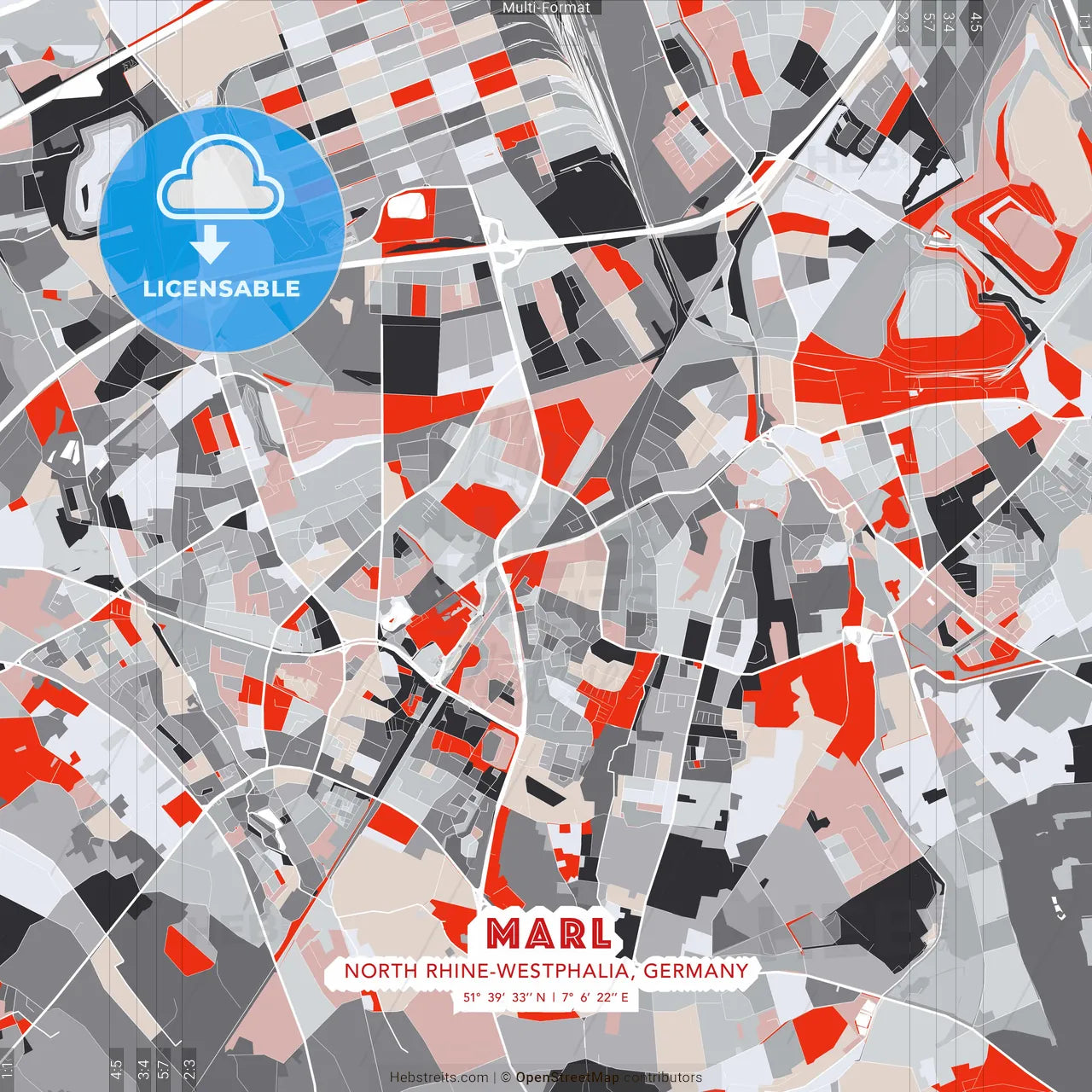 Marl, North Rhine-Westphalia, Germany - modern street map poster template with gray and red tones