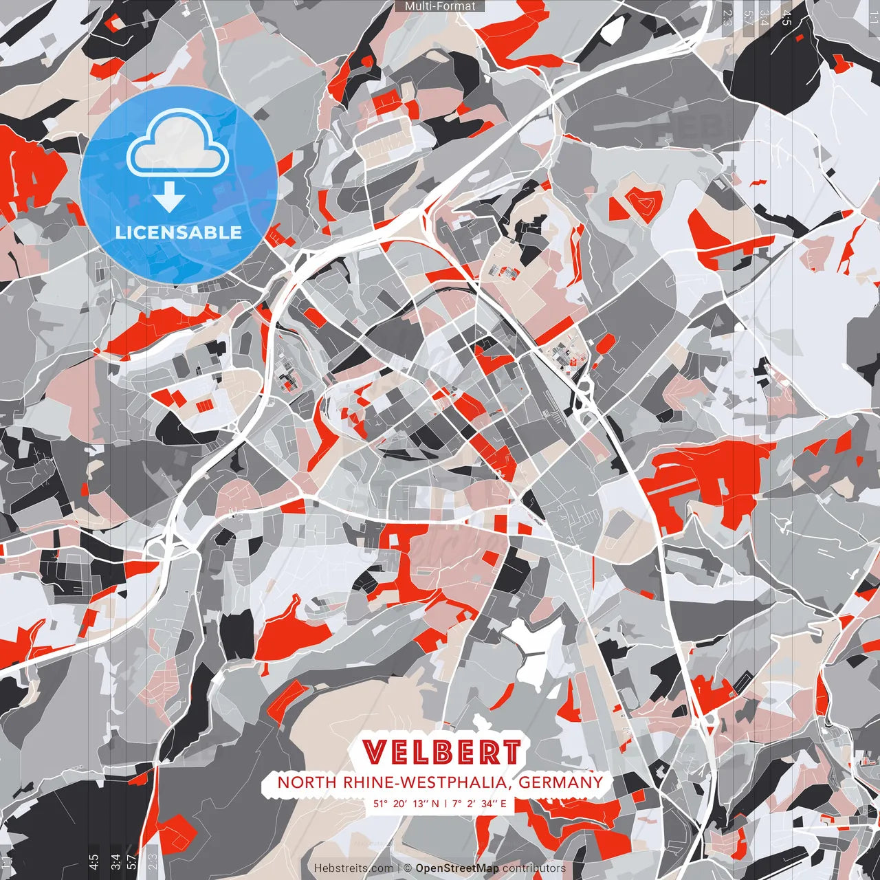 Velbert, North Rhine-Westphalia, Germany - modern street map poster template with gray and red tones